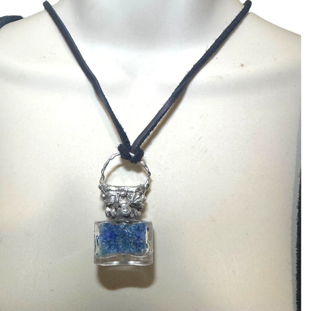 Repurposed VINTG Perfume Glass Bottle Pendant Necklace w Rustic Silver Metalwork - Picture 4 of 15